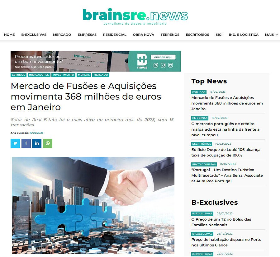 Mercado de Fuses e Aquisies movimenta 368 milhes de euros em Janeiro